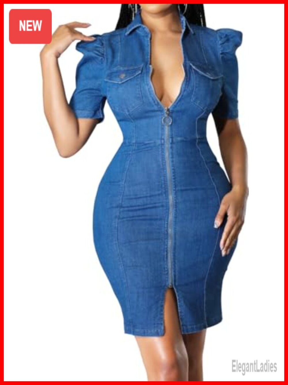 Women's Fitted Denim Dress Short Puff Sleeve V-Neck Jean Dress with Pockets